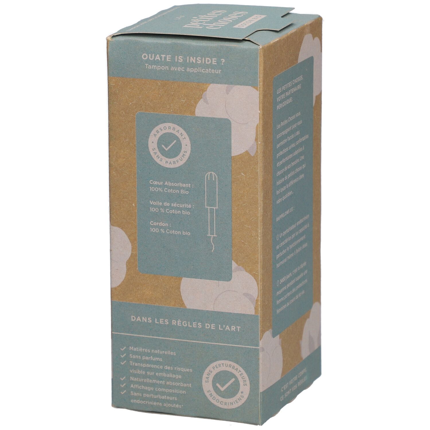 Côté de la boîte de tampons avec informations sur les tampons. Logo pour tampons absorbants. Certifications et labels de qualité.