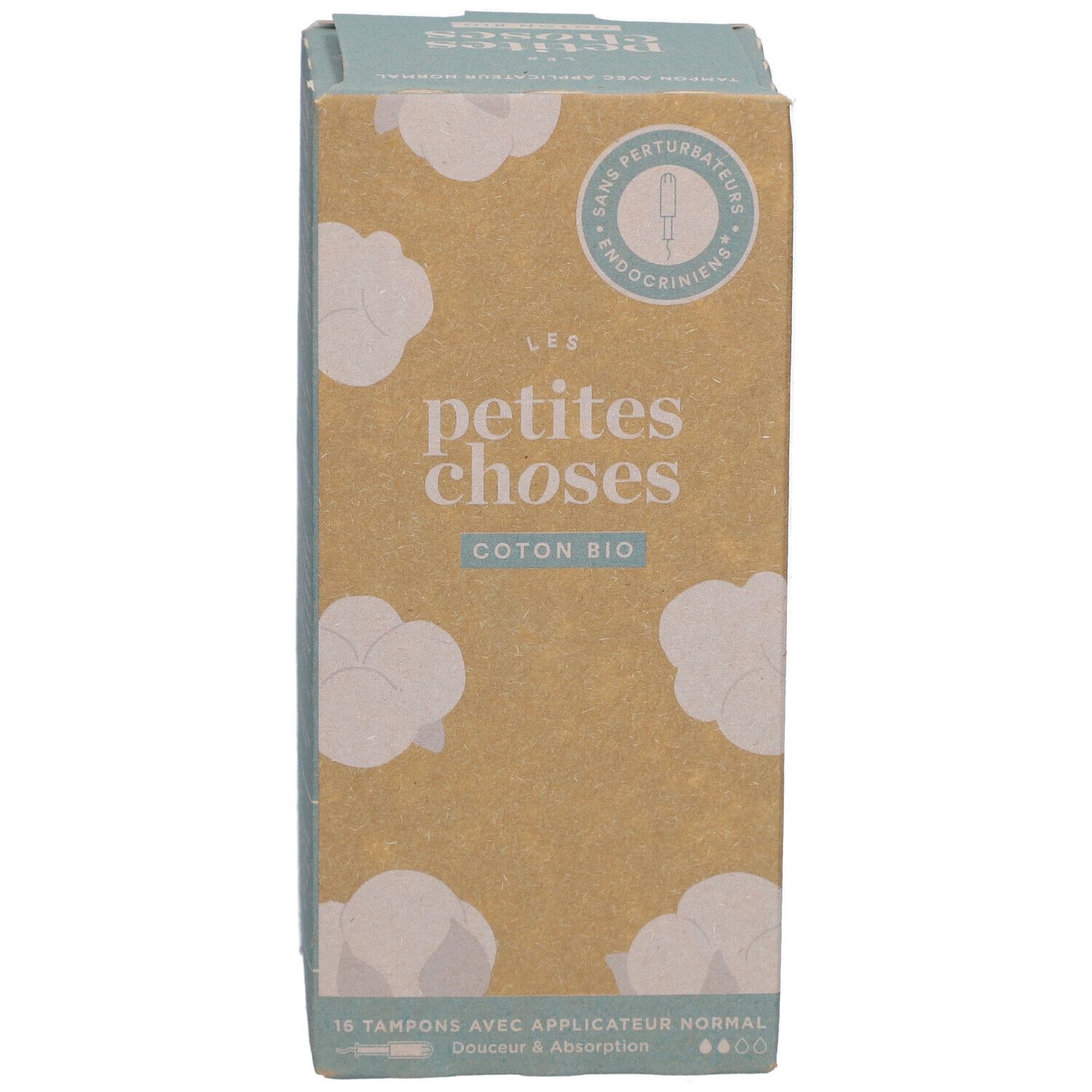 Boîte de tampons en coton bio. Inscription: LES PETITES CHOSES COTON BIO. 16 tampons avec applicateur normal. Couleur marron et bleu.