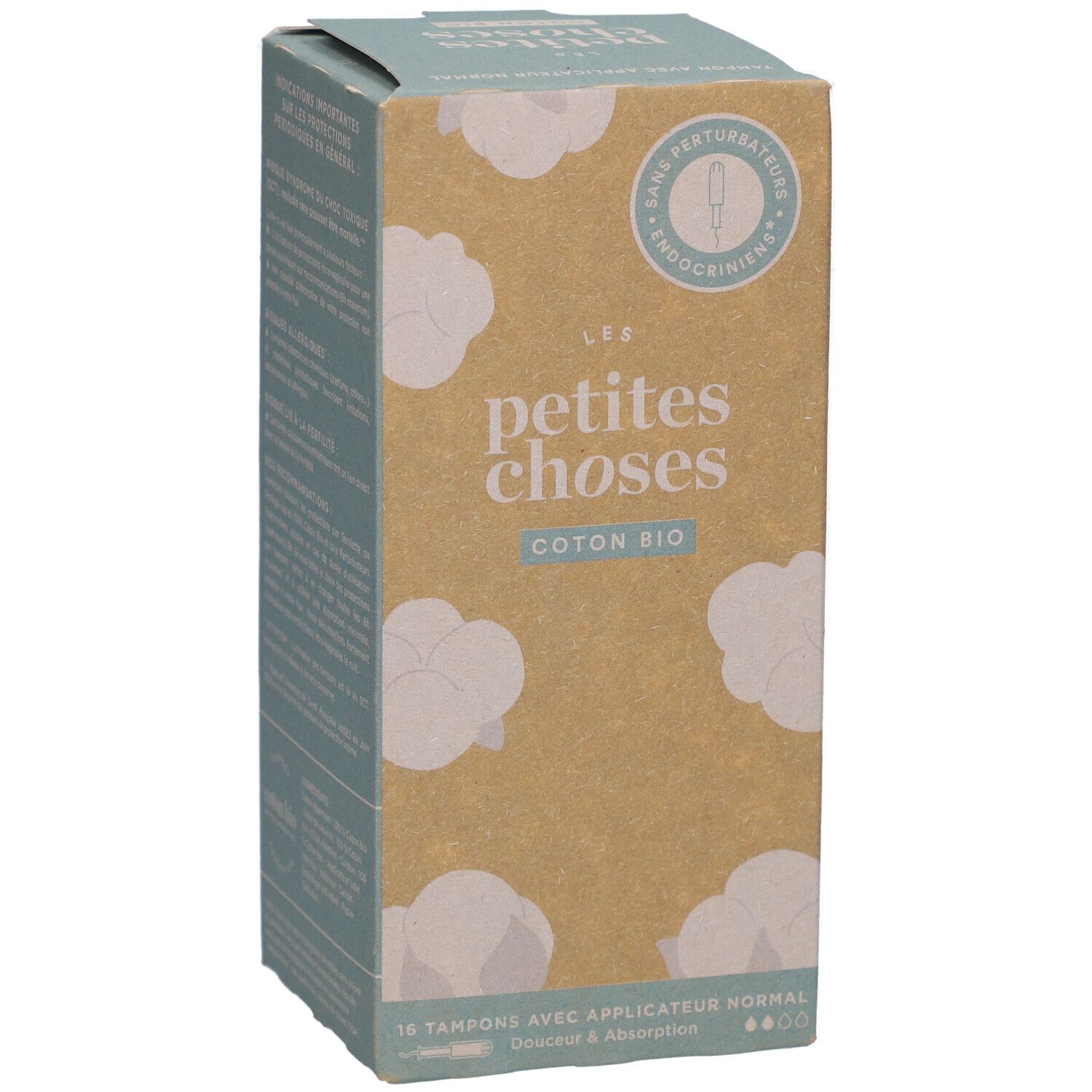 Boîte de tampons en coton bio. Inscription: LES PETITES CHOSES COTON BIO. 16 tampons avec applicateur normal. Couleur marron et bleu.
