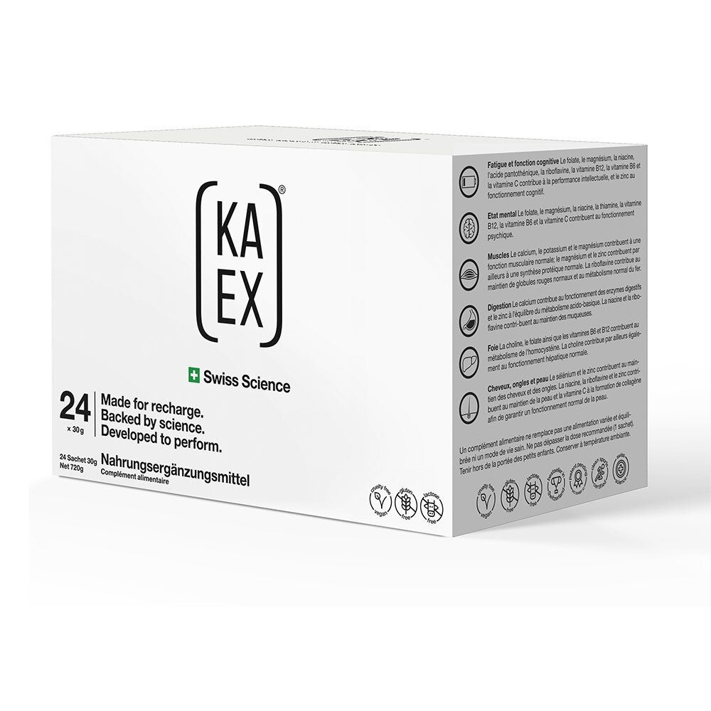 Weiße Kartonverpackung mit KAEX-Logo und Text. Enthält 24 Beutel Nahrungsergänzungsmittel. Swiss Science.