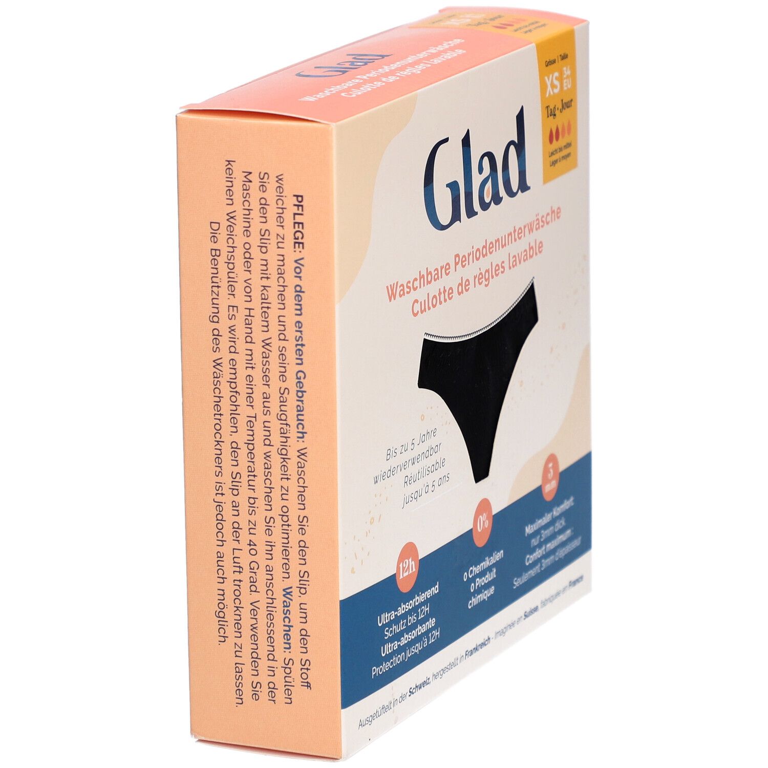 Verpackung der GLAD® Periodenunterwäsche. Seitenansicht. Schwarze Unterhose abgebildet. Größe XS, Tag/Jour. Waschbar, bis zu 5 Jahre.
