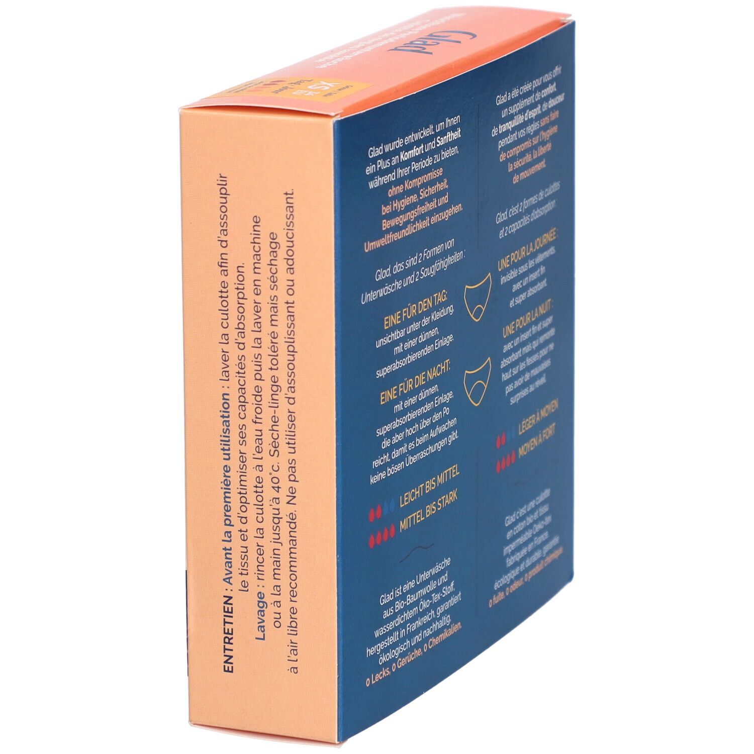 Seitenansicht der Verpackung der GLAD® Periodenunterwäsche. Text in Deutsch und Französisch. Informationen zur Pflege und Anwendung.