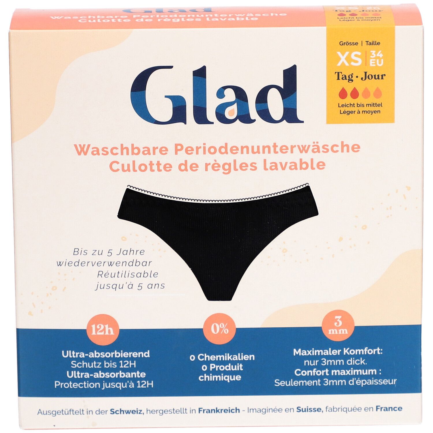 Verpackung der GLAD® Periodenunterwäsche. Schwarze Unterhose abgebildet. Größe XS, Tag/Jour. Waschbar, bis zu 5 Jahre wiederverwendbar.