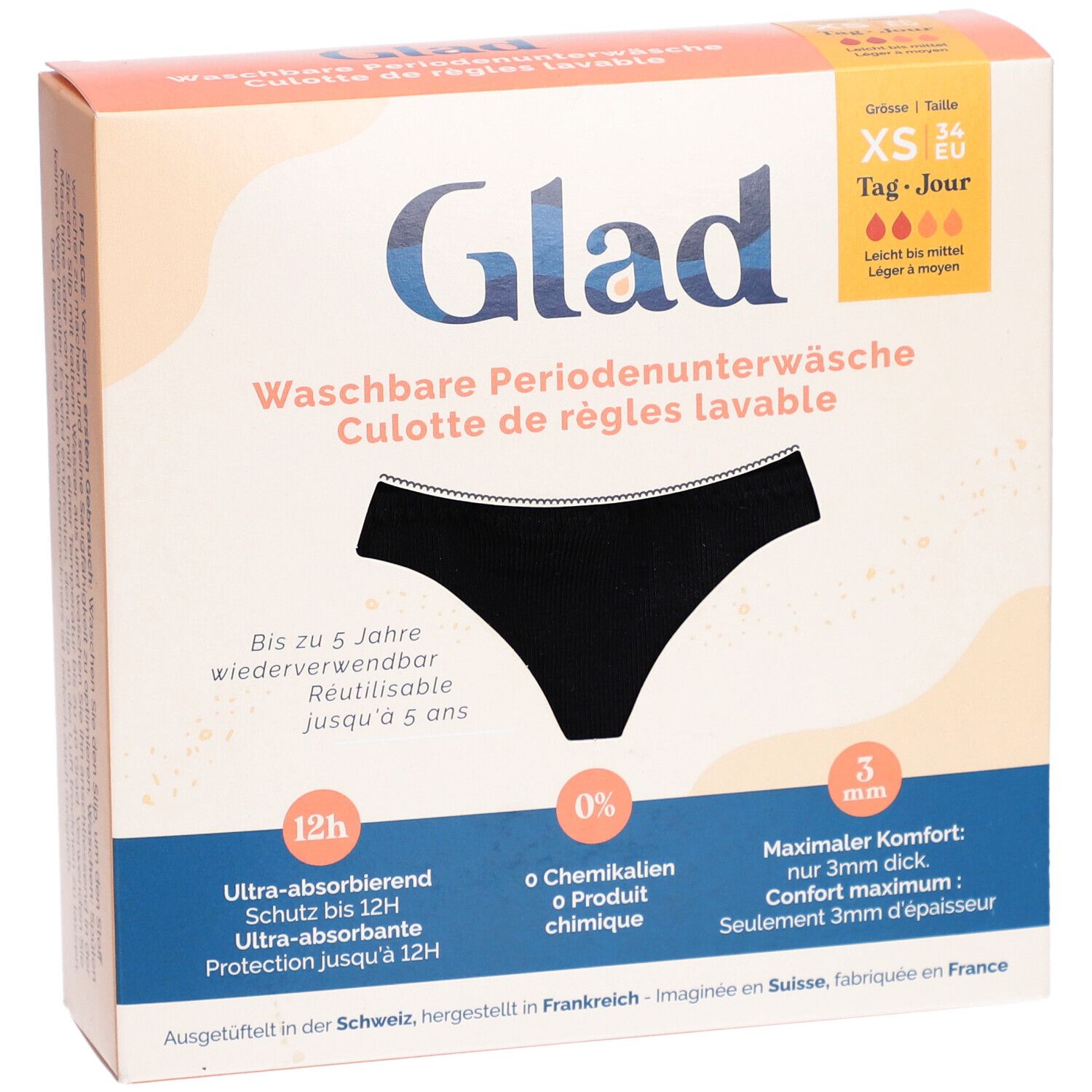 Verpackung der GLAD® Periodenunterwäsche. Schwarze Unterhose abgebildet. Größe XS, Tag/Jour. Waschbar, bis zu 5 Jahre wiederverwendbar.