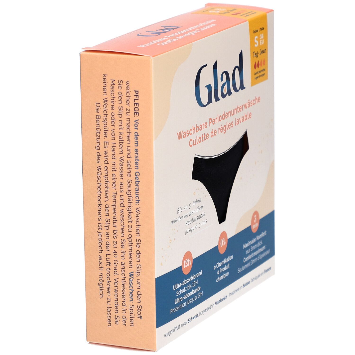 Verpackung der GLAD® Periodenunterwäsche. Seitenansicht. Text: Waschbare Periodenunterwäsche. Informationen zur Pflege und Waschhinweise.
