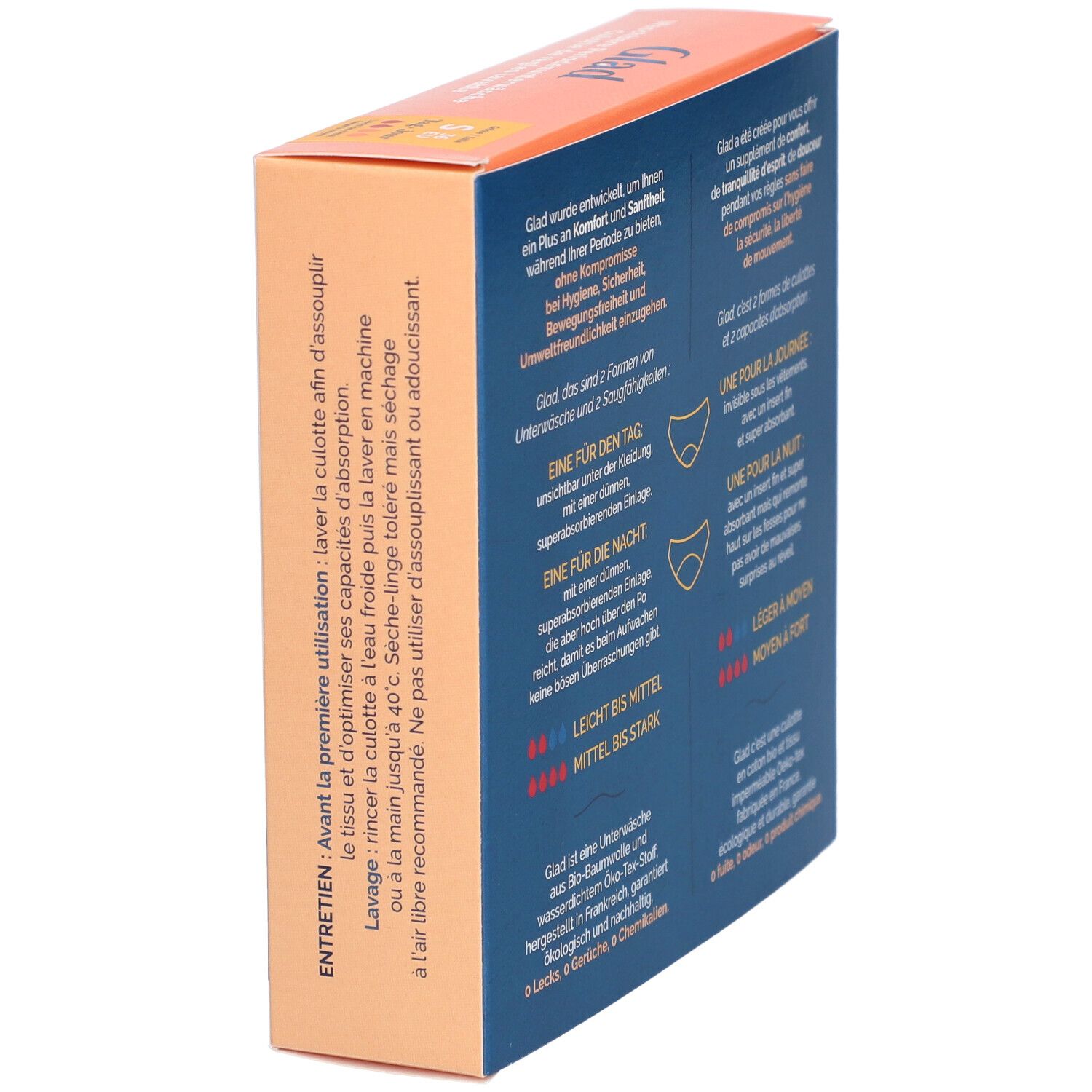Seitenansicht der GLAD® Periodenunterwäsche Verpackung. Text: Informationen zur Anwendung und Pflege. Waschhinweise.