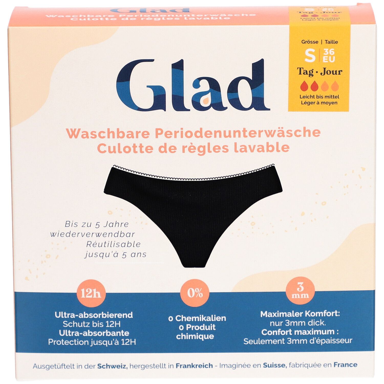 Verpackung der GLAD® Periodenunterwäsche. Schwarze Unterhose abgebildet. Text: Waschbare Periodenunterwäsche, 12h Schutz, 0% Chemikalien, 3mm Komfort.