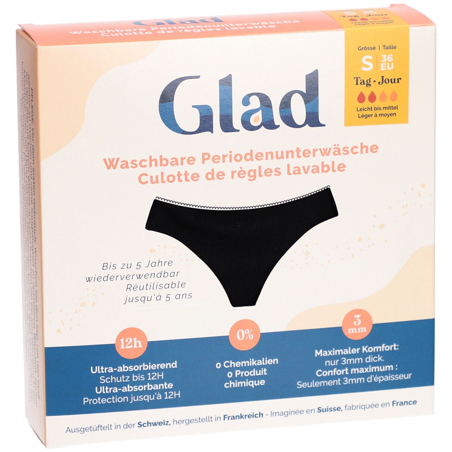 Verpackung der GLAD® Periodenunterwäsche. Schwarze Unterhose abgebildet. Text: Waschbare Periodenunterwäsche, 12h Schutz, 0% Chemikalien, 3mm Komfort.