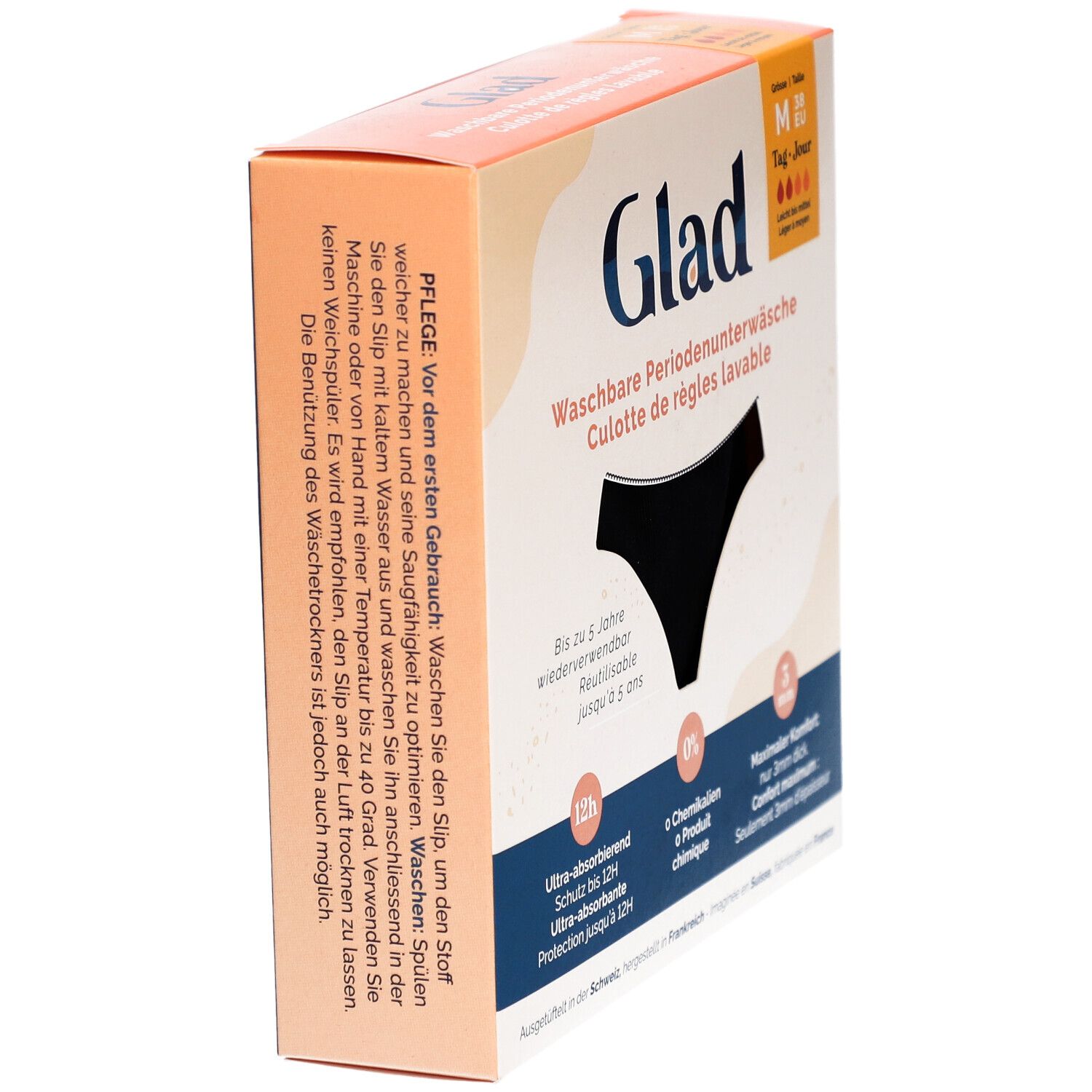 Verpackung der GLAD® Periodenunterwäsche. Schwarze Unterwäsche abgebildet. Größe M, Tag/Jour. Waschbar, bis zu 5 Jahre.