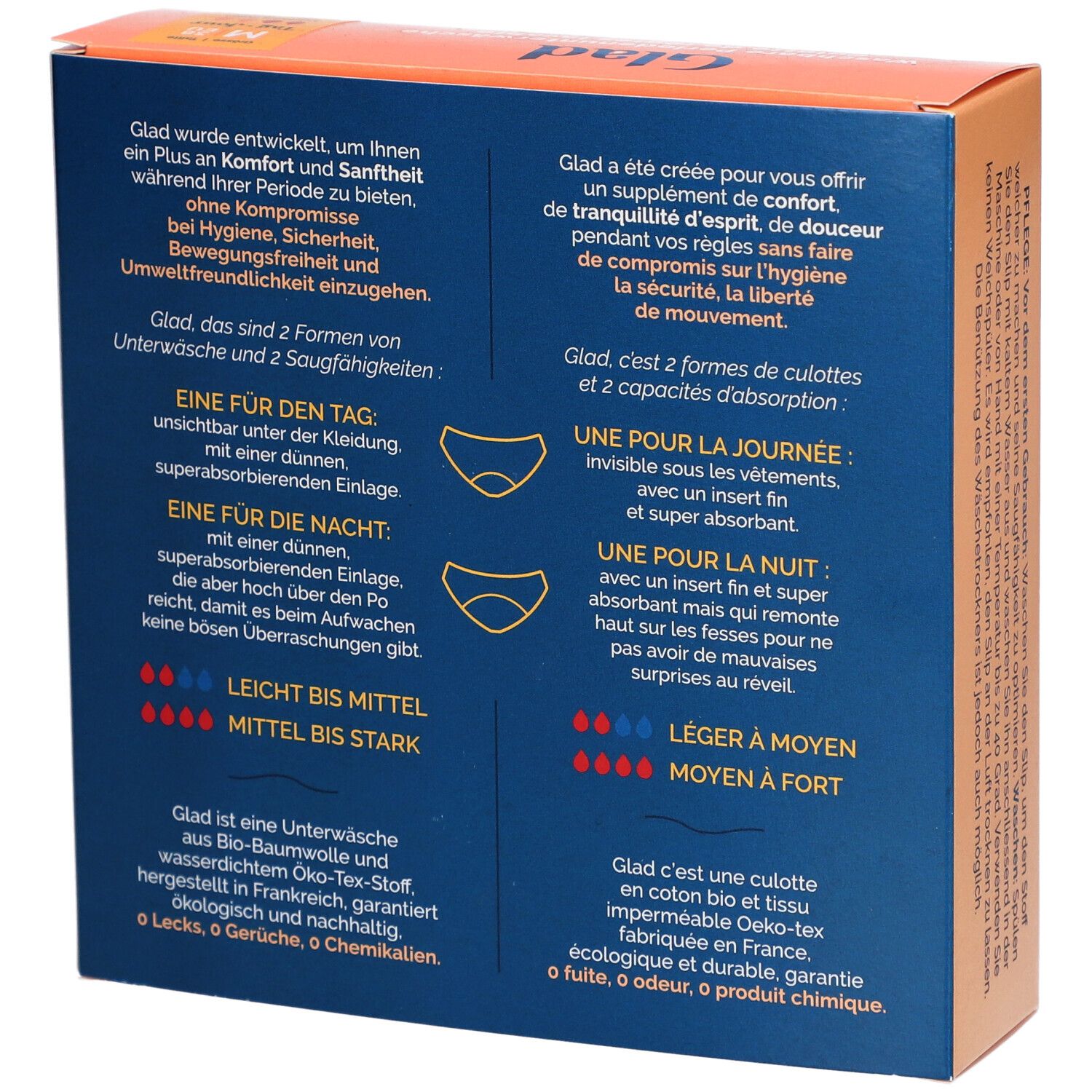 Rückseite der GLAD® Verpackung. Informationen zu zwei Unterwäsche-Formen und Saugfähigkeiten. Leicht bis stark.