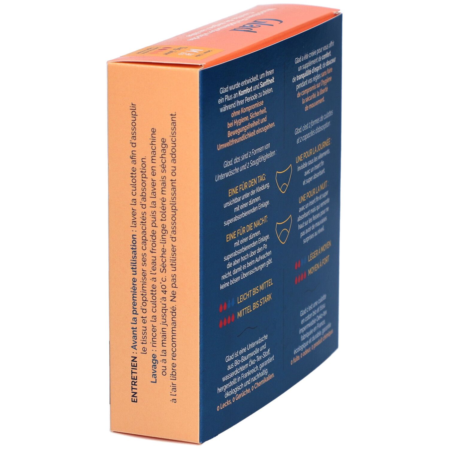 Seitenansicht der GLAD® Verpackung. Informationen zur Pflege und zum Waschen der Periodenunterwäsche.