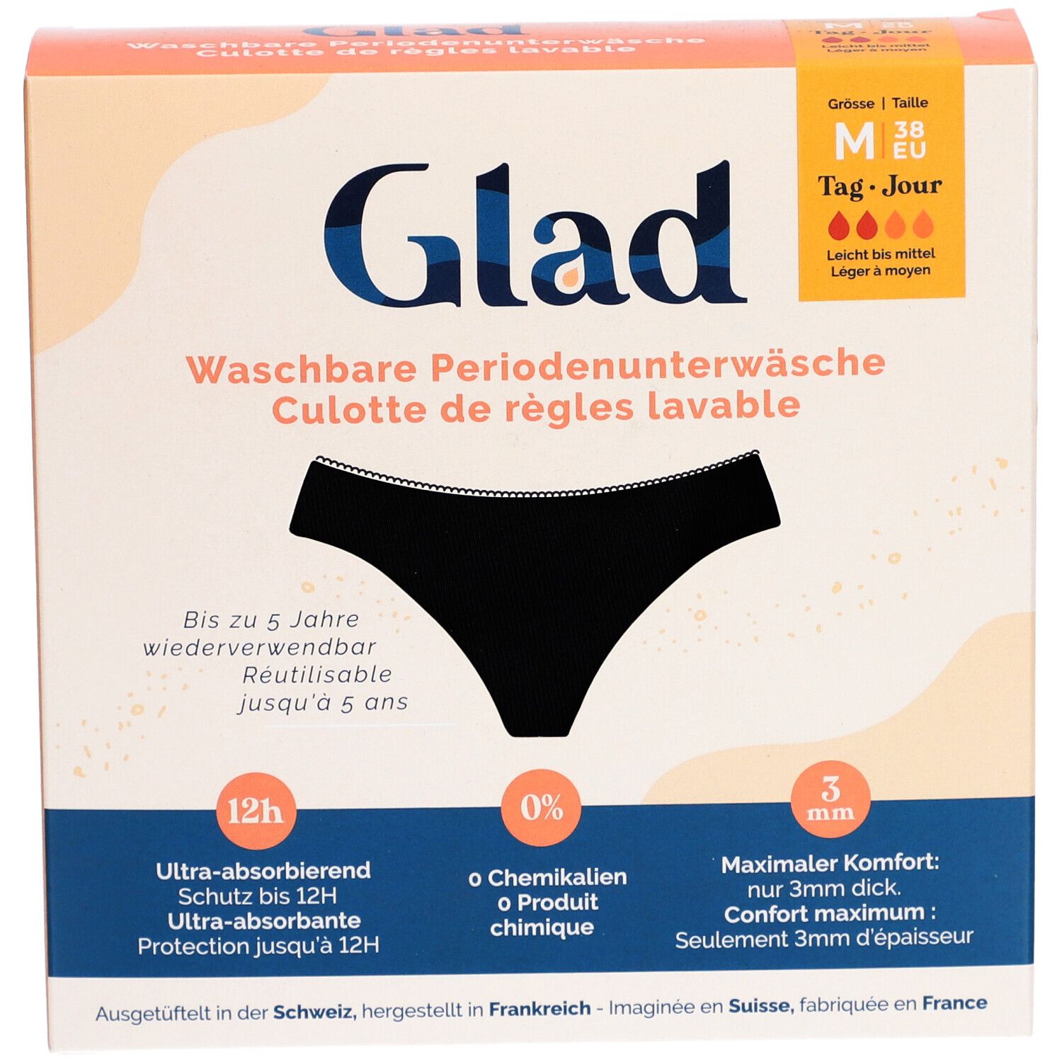 Verpackung mit schwarzer GLAD® Periodenunterwäsche. Größe M, Tag/Jour. Waschbar, bis zu 5 Jahre wiederverwendbar.