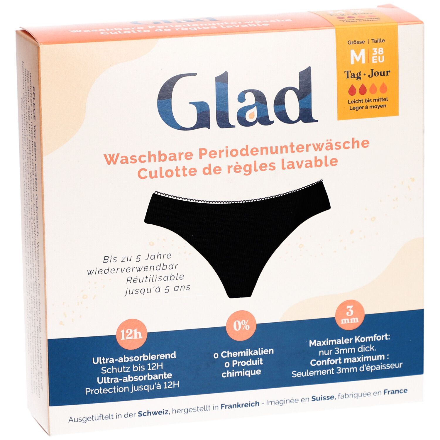 Verpackung mit schwarzer GLAD® Periodenunterwäsche. Größe M, Tag/Jour. Waschbar, bis zu 5 Jahre wiederverwendbar.