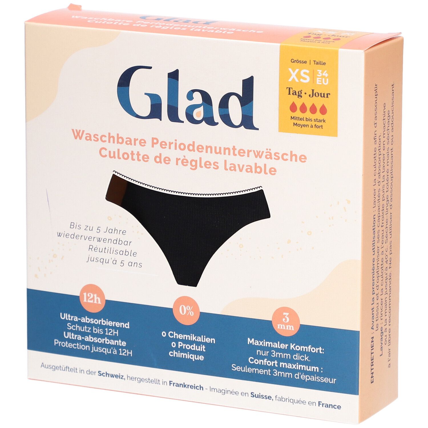 Verpackung von GLAD® Periodenunterwäsche. Schwarze Unterwäsche abgebildet. Größe XS, Tag & Nacht. Waschbar, wiederverwendbar.