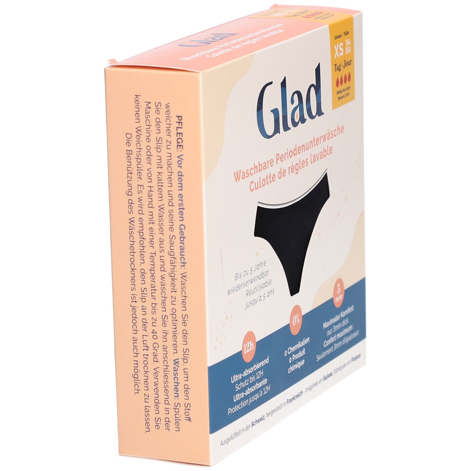 Verpackung von GLAD® Periodenunterwäsche. Schwarze Unterwäsche abgebildet. Größe XS. Waschbar, wiederverwendbar. Pflegehinweise.