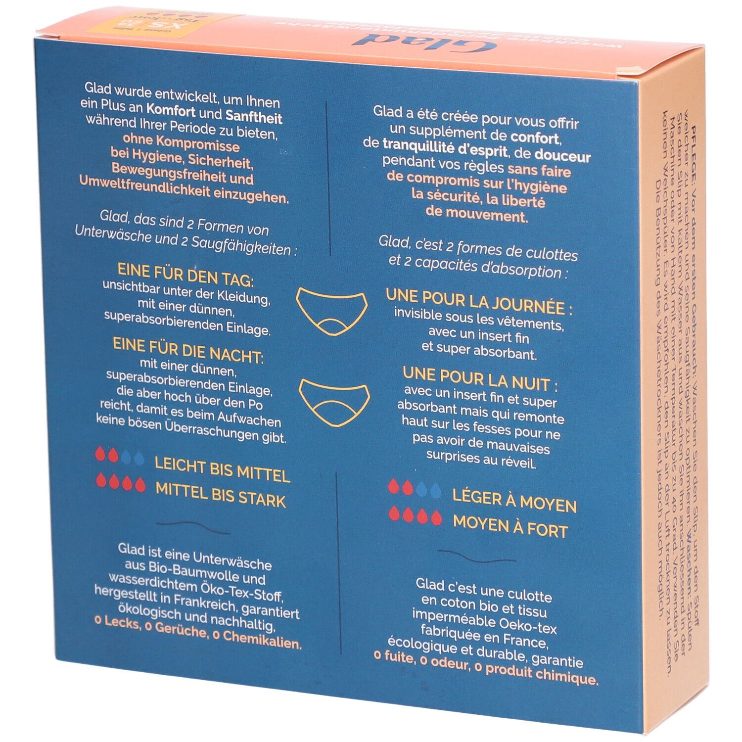 Rückseite der GLAD® Periodenunterwäsche Verpackung. Informationen zu Komfort, Sicherheit, und Umweltfreundlichkeit. Zwei Saugfähigkeiten.