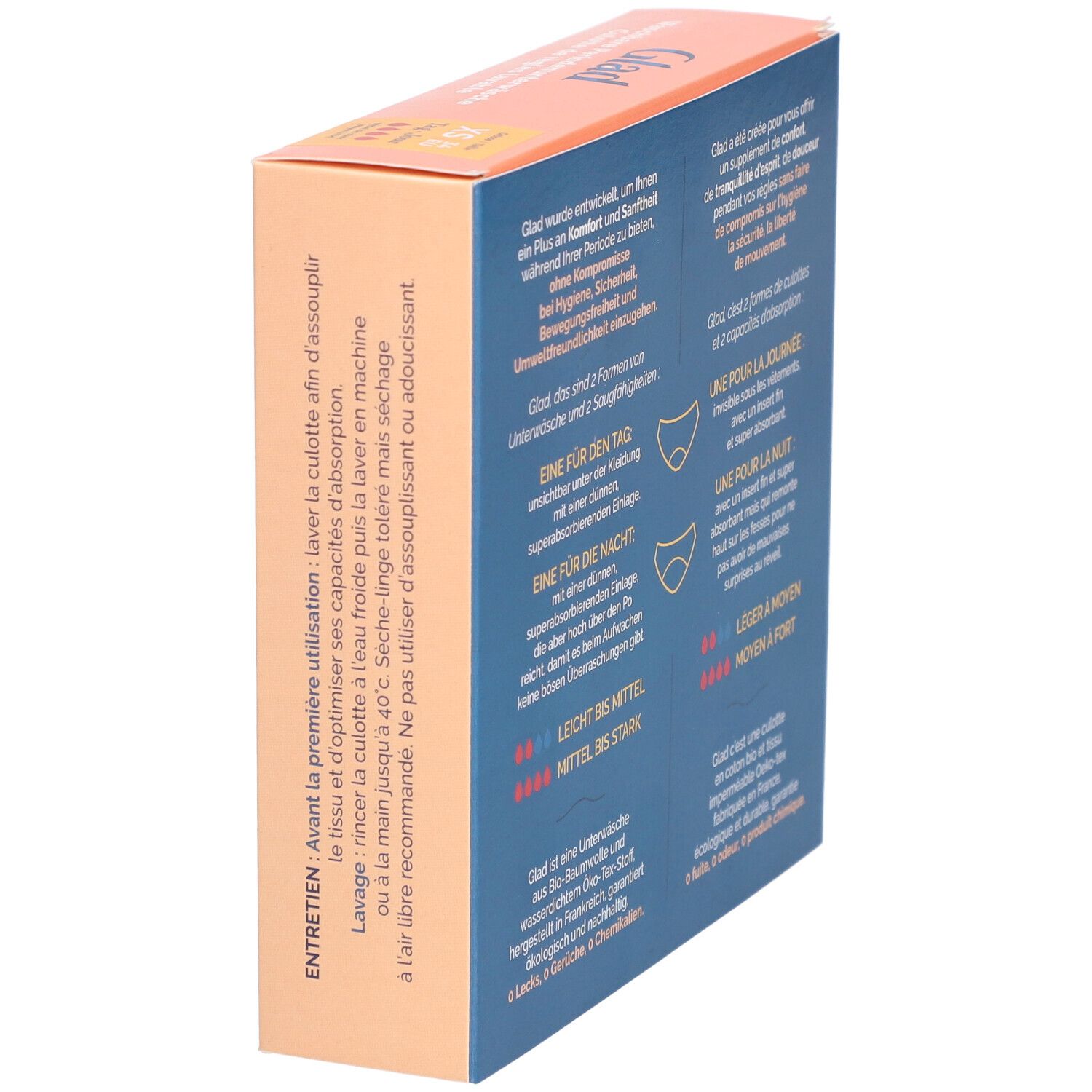 Rückseite der GLAD® Periodenunterwäsche Verpackung. Informationen zur Pflege. Wasch- und Trocknungshinweise. Waschbar bis 40°C.