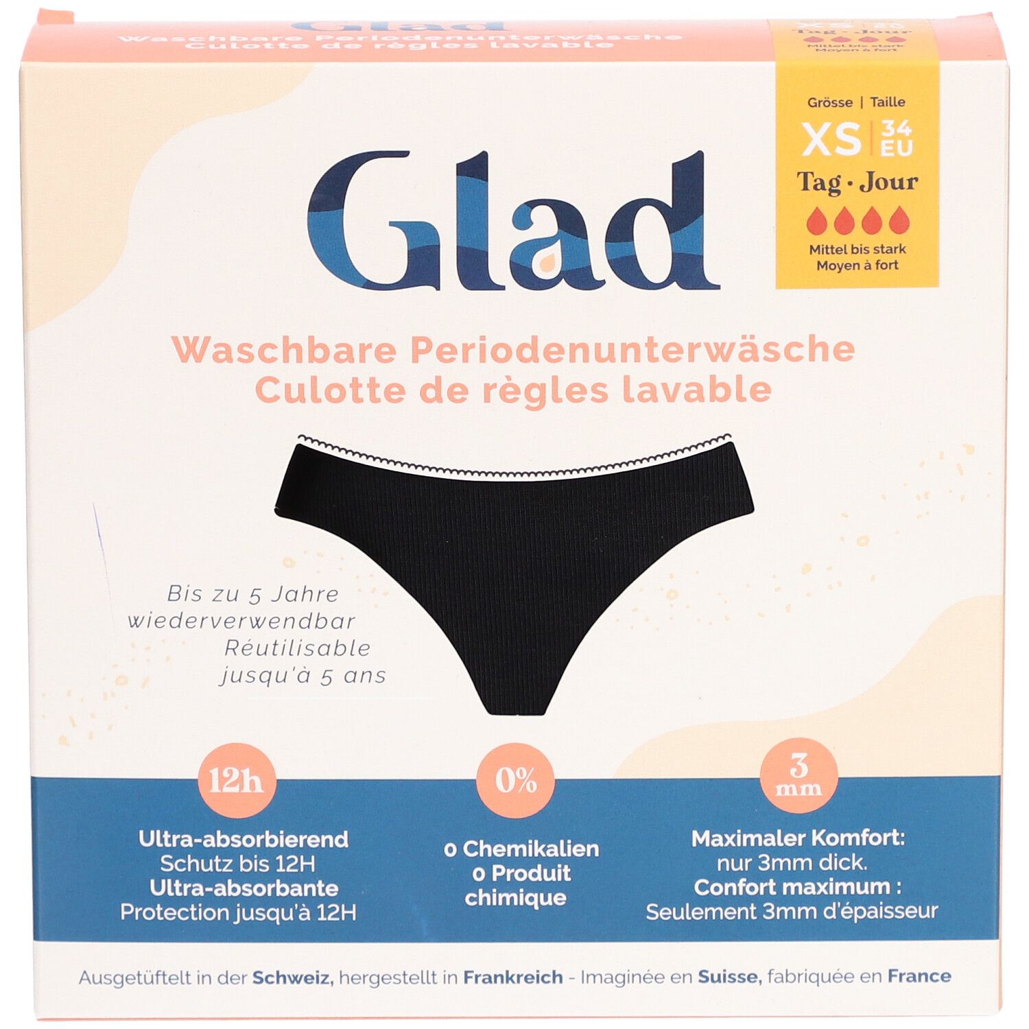 Verpackung von GLAD® Periodenunterwäsche. Schwarze Unterwäsche abgebildet. Größe XS, Tag & Nacht. Waschbar, wiederverwendbar.