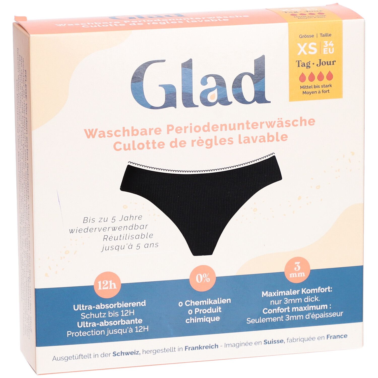 Verpackung von GLAD® Periodenunterwäsche. Schwarze Unterwäsche abgebildet. Größe XS, Tag & Nacht. Waschbar, wiederverwendbar.