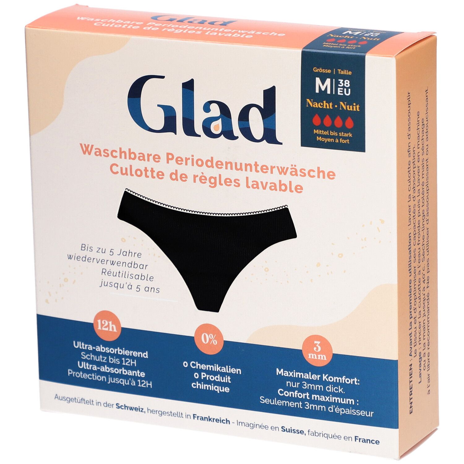 Verpackung der GLAD Nacht Periodenunterwäsche M stark. Schwarze Unterwäsche-Illustration. Text: Waschbare Periodenunterwäsche.