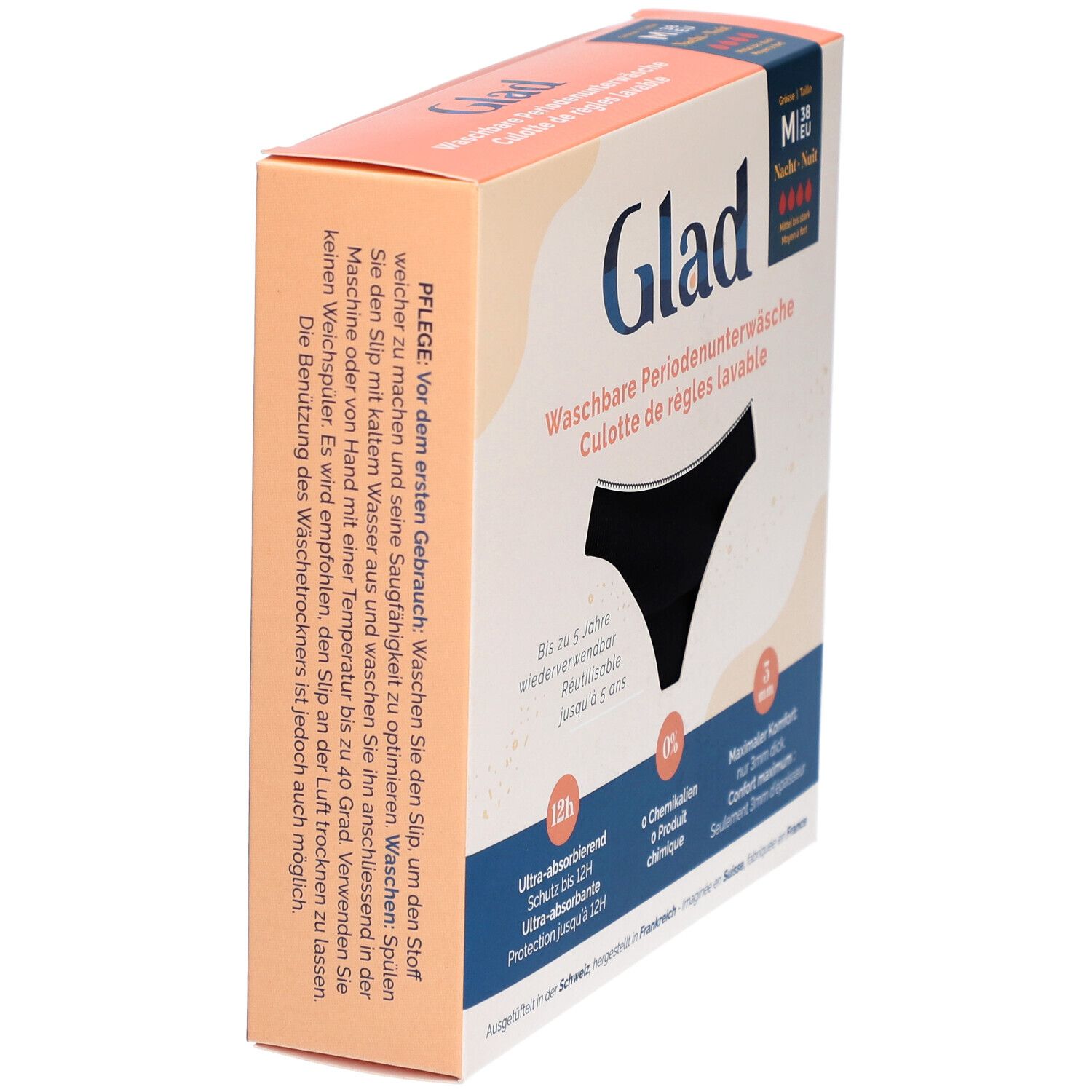 Verpackung der GLAD Nacht Periodenunterwäsche. Seitenansicht. Text: Waschbare Periodenunterwäsche. Schwarze Unterwäsche-Illustration.