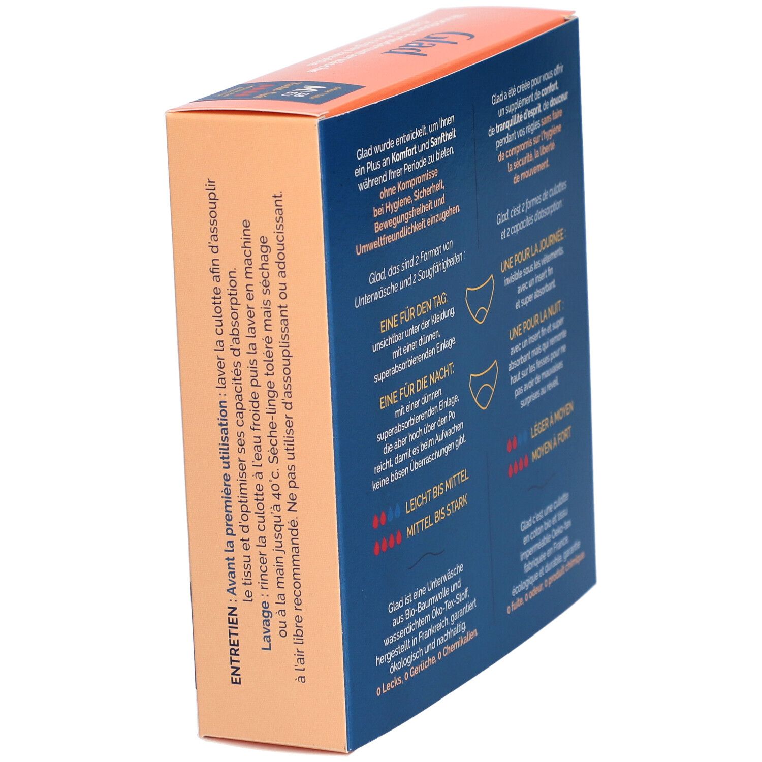 Seitenansicht der GLAD Nacht Periodenunterwäsche Verpackung. Text: Wasch- und Pflegehinweise. Illustrationen von Unterwäsche.