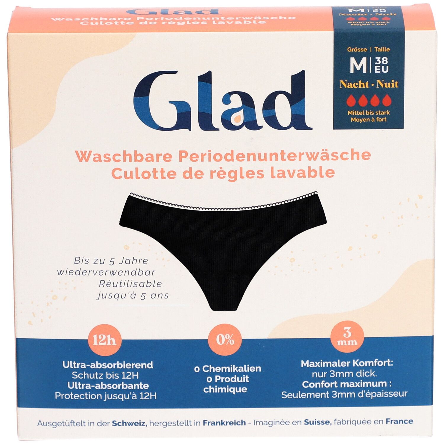 Verpackung der GLAD Nacht Periodenunterwäsche M stark. Schwarze Unterwäsche-Illustration. Text: Waschbare Periodenunterwäsche.