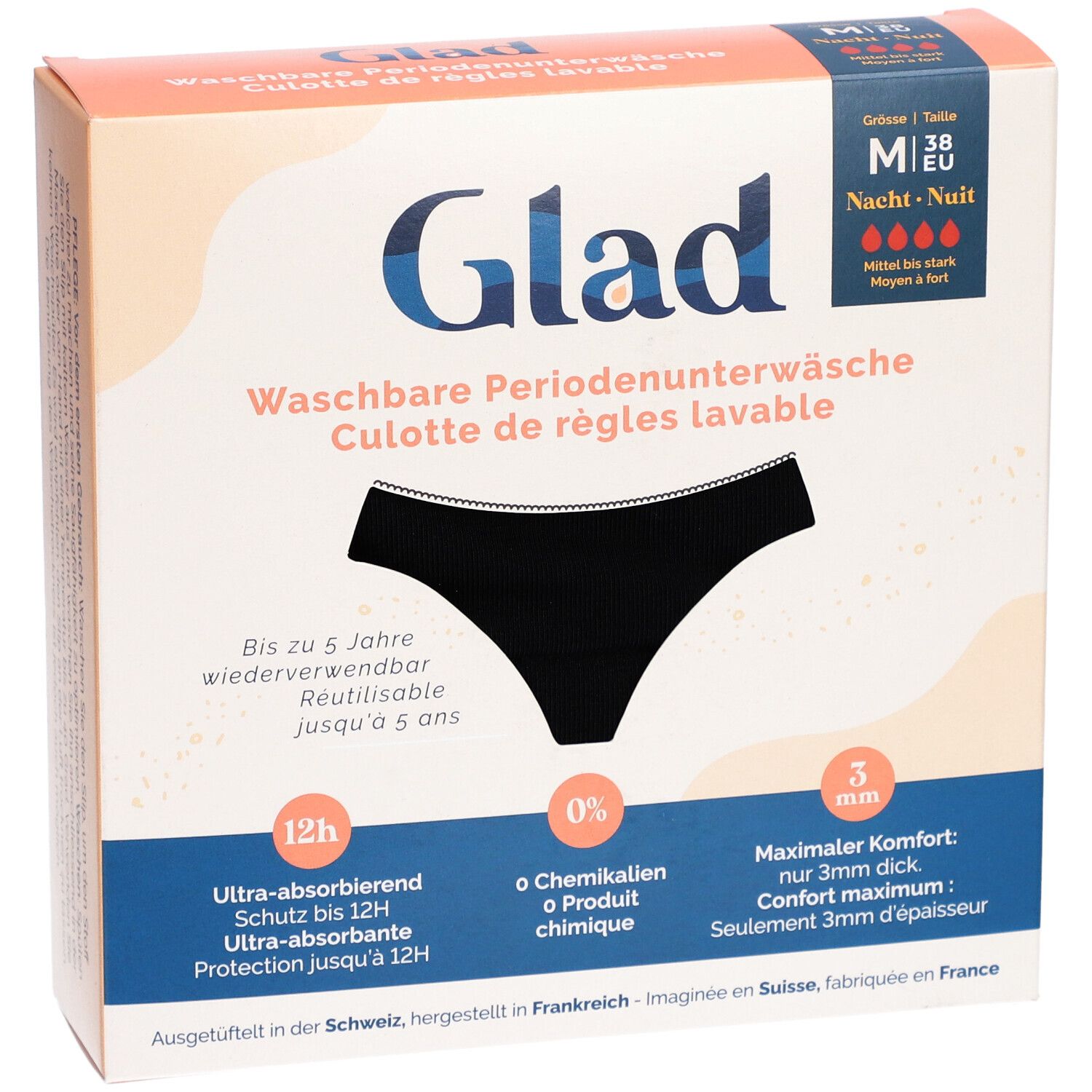 Verpackung der GLAD Nacht Periodenunterwäsche M stark. Schwarze Unterwäsche-Illustration. Text: Waschbare Periodenunterwäsche.