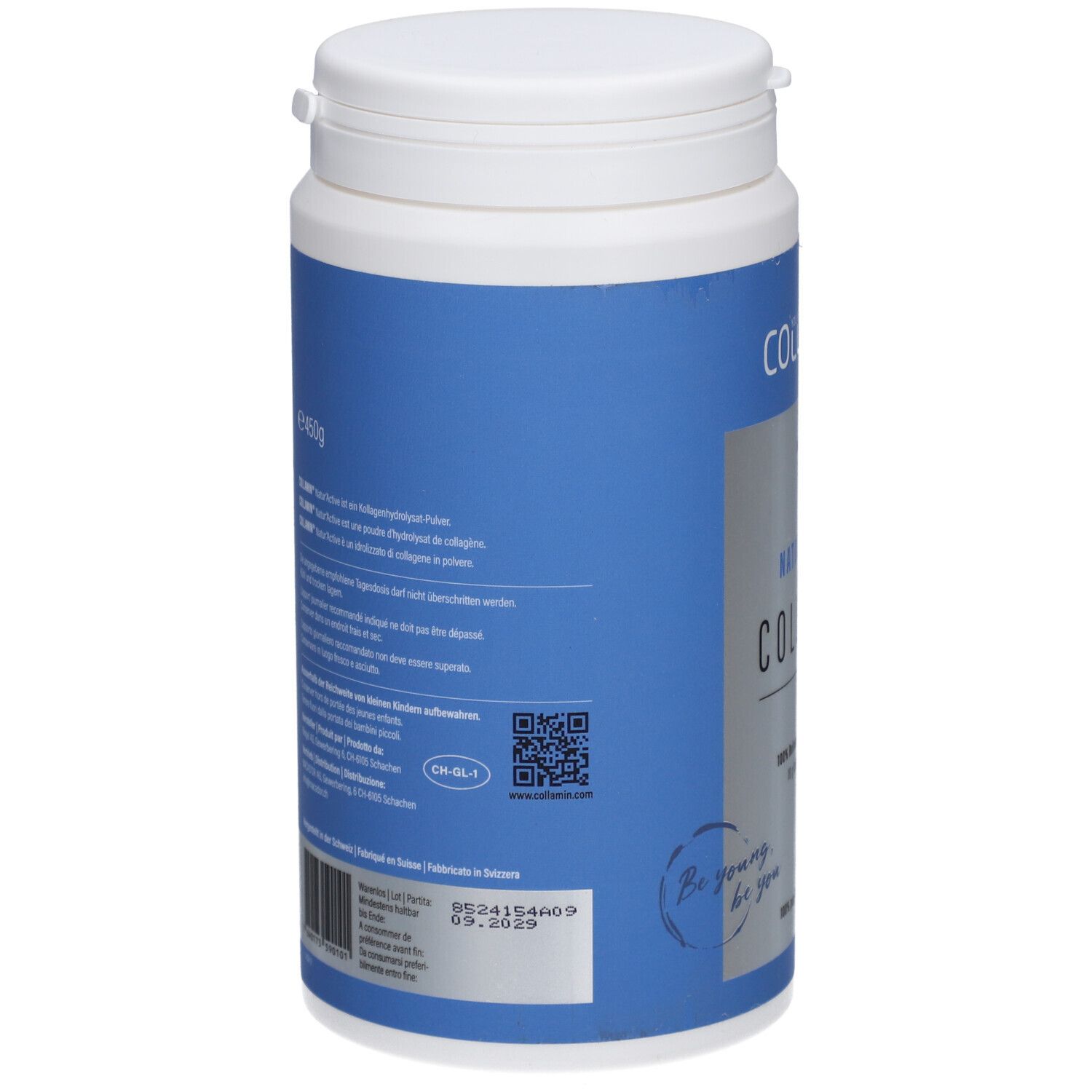Blaue Dose, Rückseite. Text: COLLAMIN Natur'Active Collagen. QR-Code. Haltbarkeitsdatum. EAN-Code. Schweizer Herstellung.