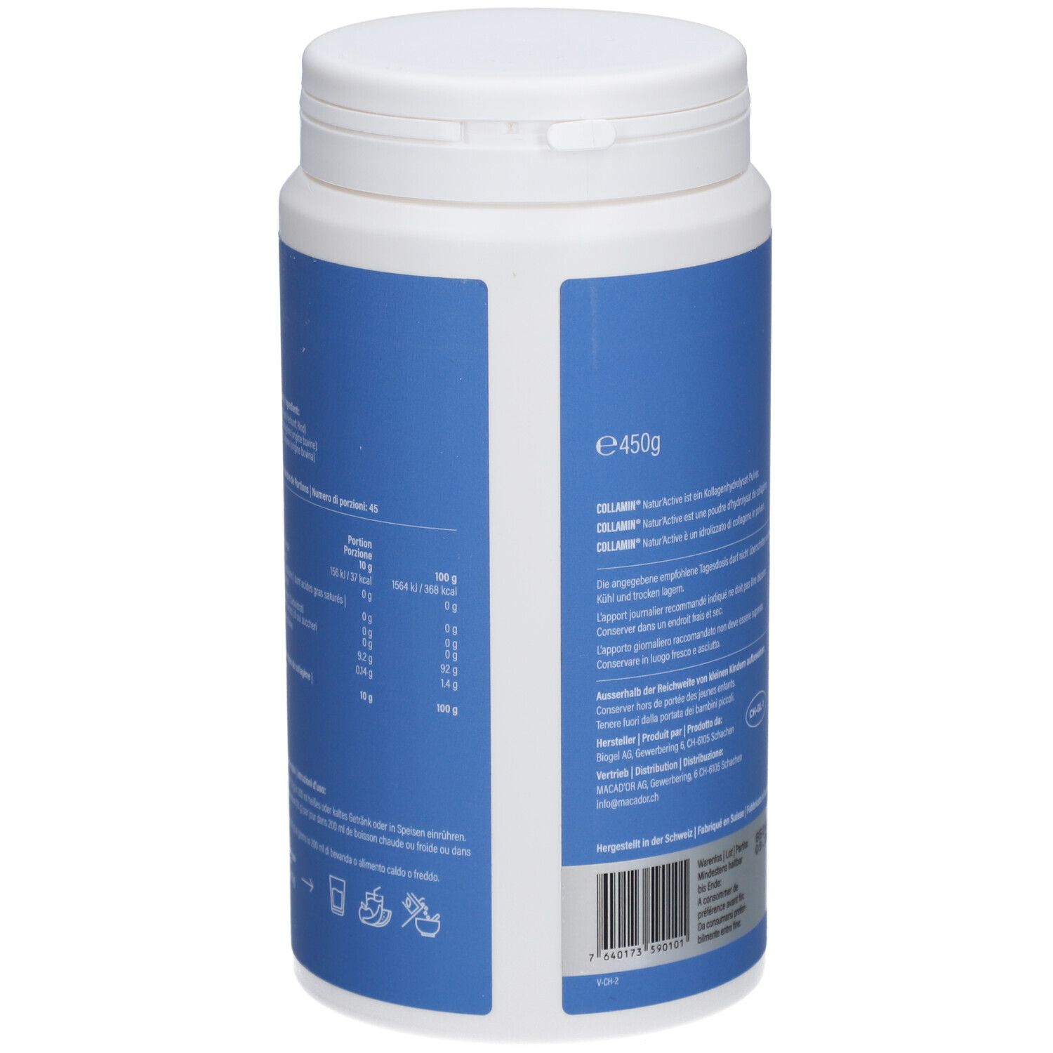 Blaue Dose, Rückseite. Text: COLLAMIN Natur'Active Collagen. E 450g. Nährwertangaben. Schweizer Herstellung.