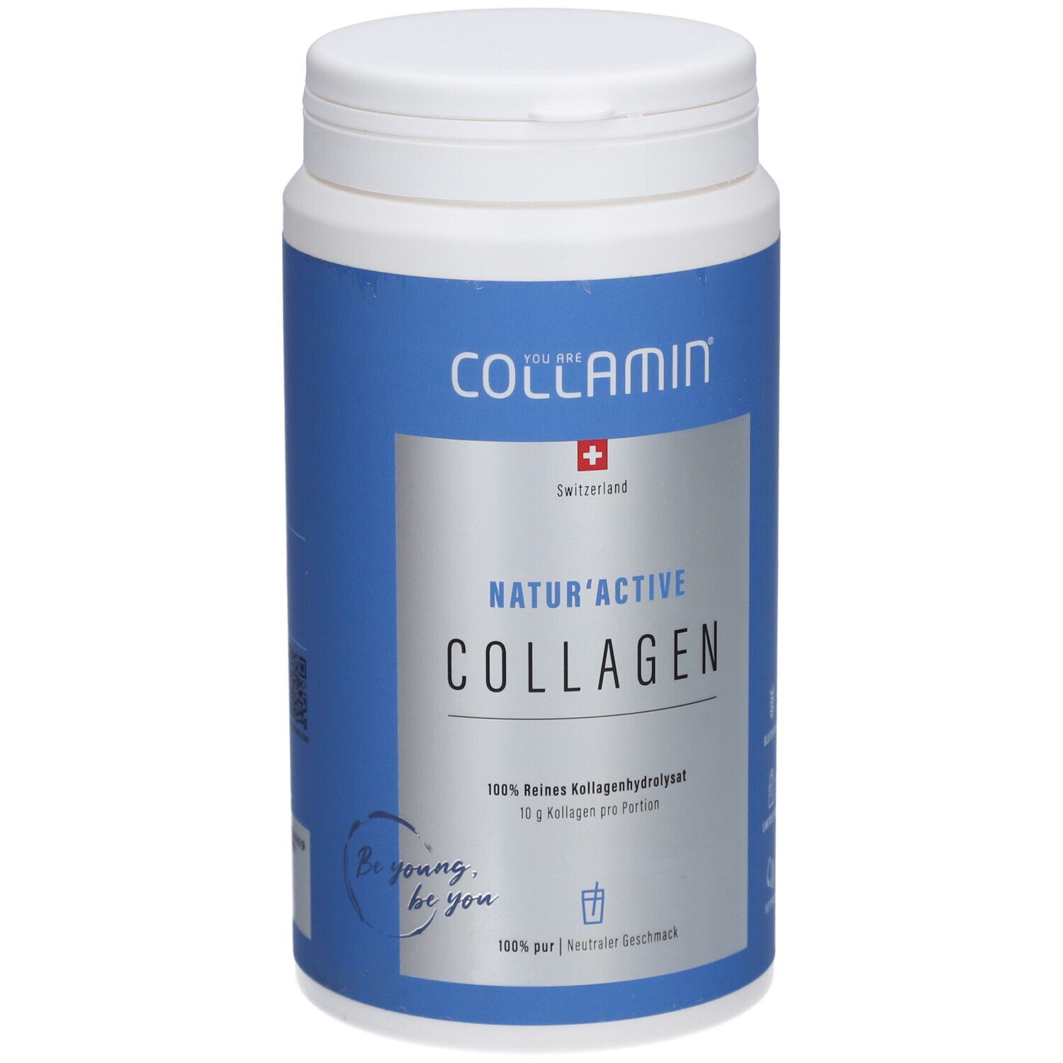 Blaue Dose mit weißem Deckel. Aufschrift: COLLAMIN Natur'Active Collagen. Schweizer Kreuz. 100% reines Kollagenhydrolysat.
