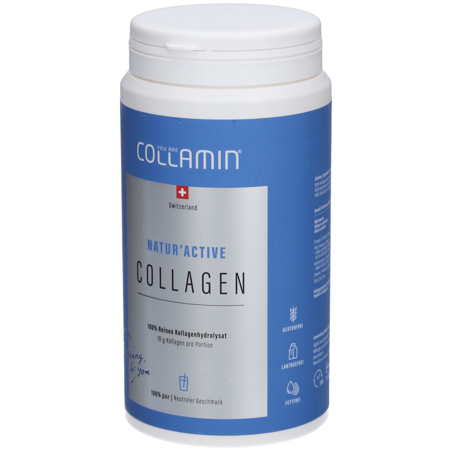 Blaue Dose mit weißem Deckel. Aufschrift: COLLAMIN Natur'Active Collagen. Schweizer Kreuz. Glutenfrei. Vegan.