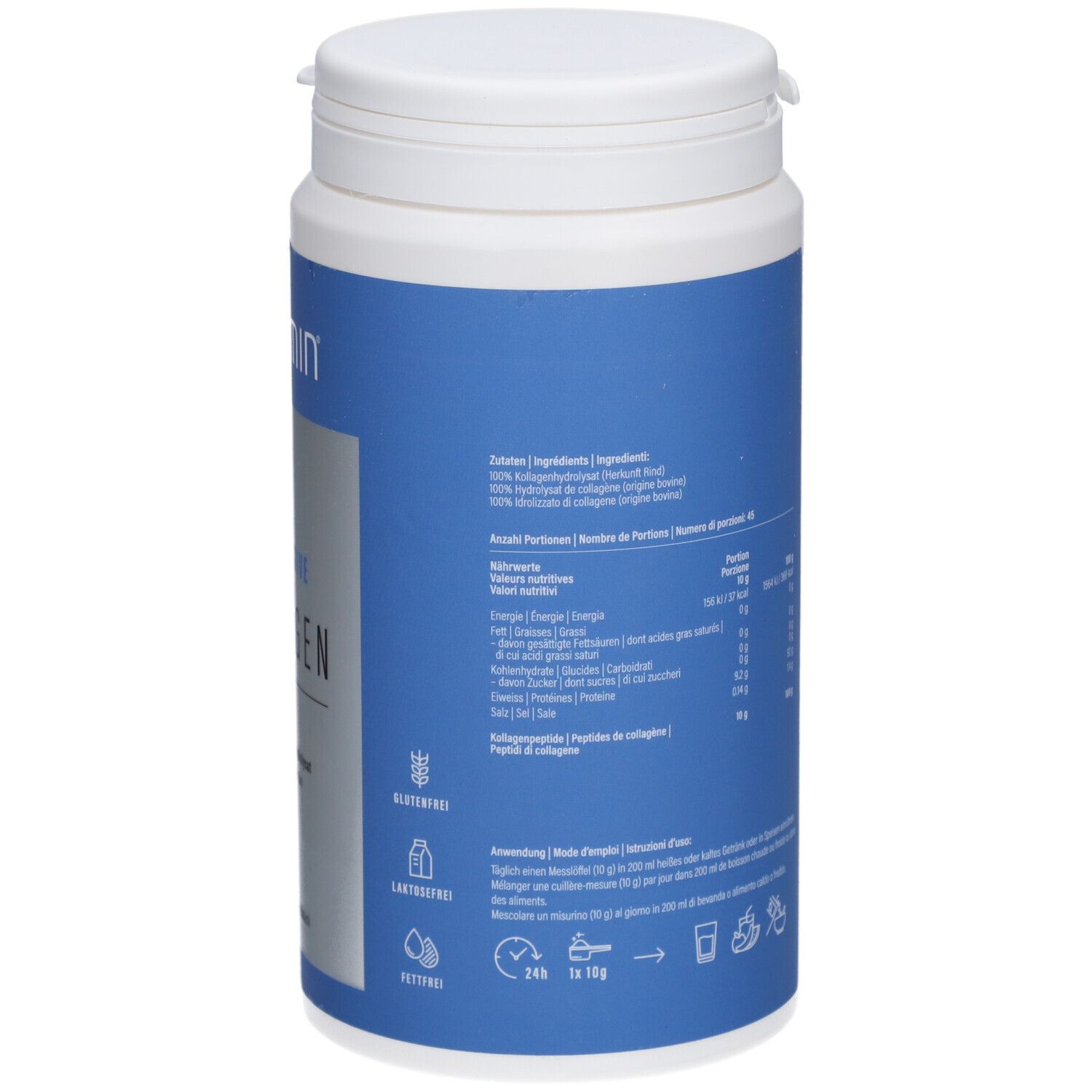 Blaue Dose, Rückseite. Text: COLLAMIN Natur'Active Collagen. Nährwertangaben. Glutenfrei. Vegan. Gebrauchsanweisung.