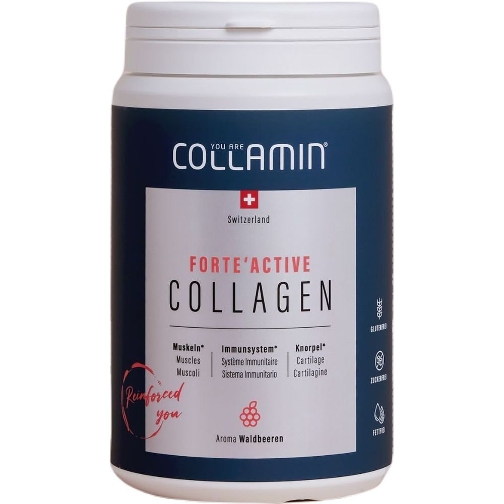 Weißes, zylindrisches Produkt mit blauem Etikett. Aufschrift: COLLAMIN, FORTE'ACTIVE COLLAGEN, Aroma Waldbeeren.