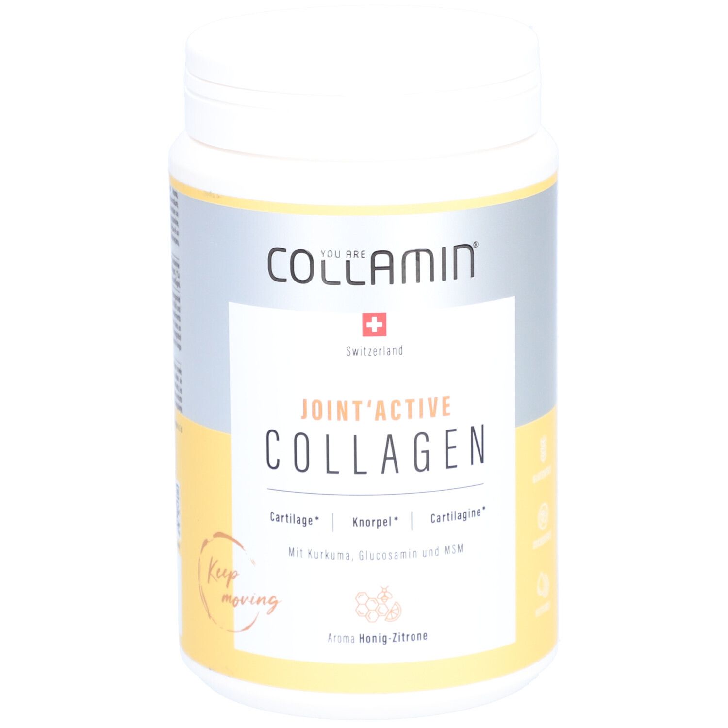 Weißes COLLAMIN Joint'Active Collagen-Behälter. Vorderseite mit Produktnamen, Schweizer Flagge und Inhaltsangaben. Aroma Honig-Zitrone.