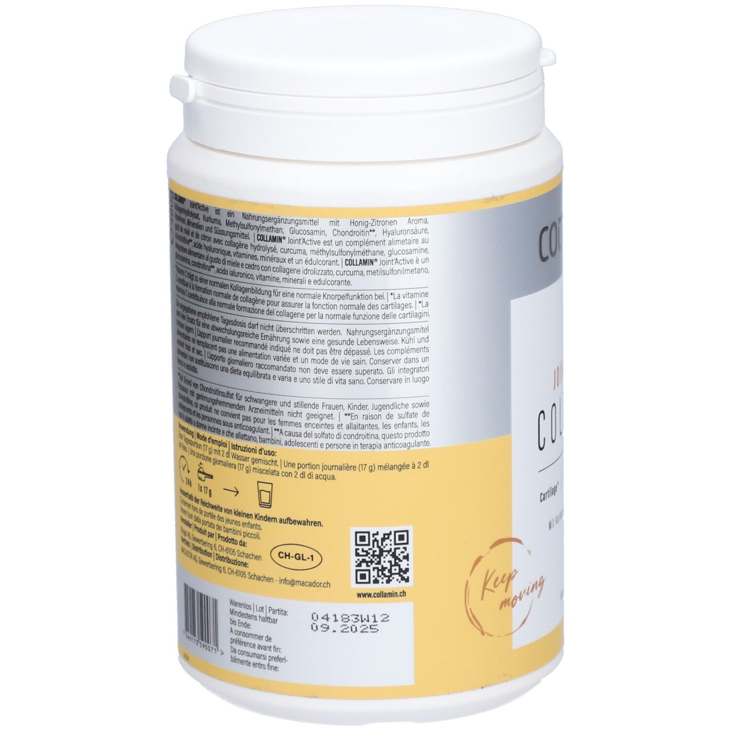Rückseite des weißen COLLAMIN Joint'Active Collagen-Behälters. Textinformationen, QR-Code, Chargennummer und Haltbarkeitsdatum.