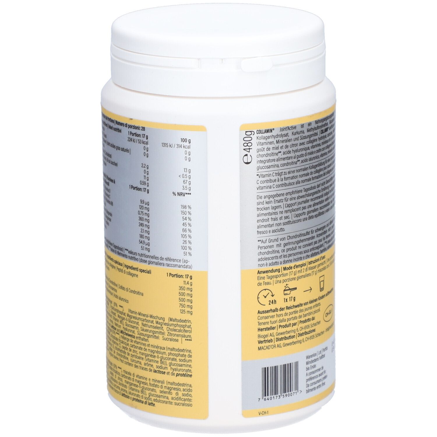 Rückseite des weißen COLLAMIN Joint'Active Collagen-Behälters. Nährwertangaben, Inhaltsstoffe und Anwendungshinweise.