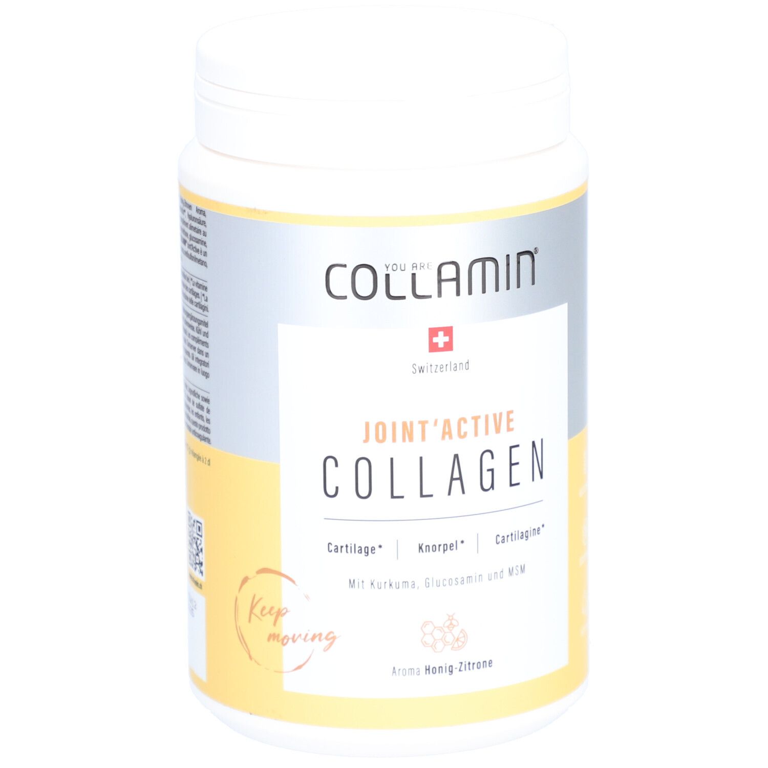 Weißes COLLAMIN Joint'Active Collagen-Behälter. Vorderansicht mit Produktnamen, Schweizer Flagge und Inhaltsangaben.
