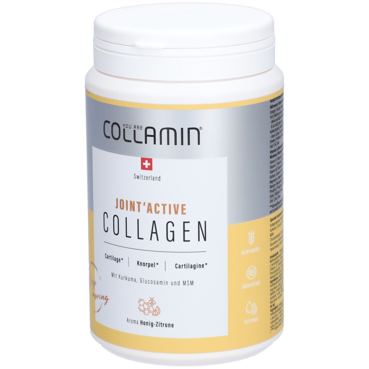 Weißer COLLAMIN Joint'Active Collagen-Behälter. Vorderansicht mit Produktnamen, Schweizer Flagge und Inhaltsangaben.