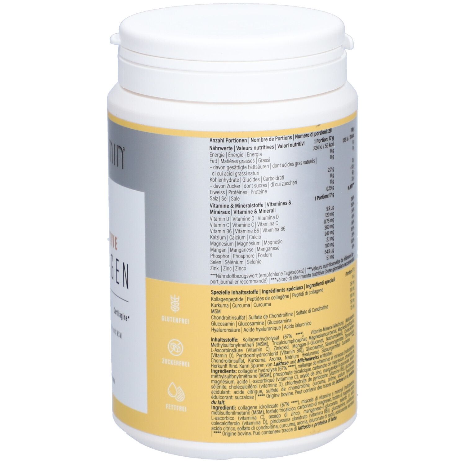 Rückseite des weißen COLLAMIN Joint'Active Collagen-Behälters. Nährwertangaben, Inhaltsstoffe und Anwendungshinweise.