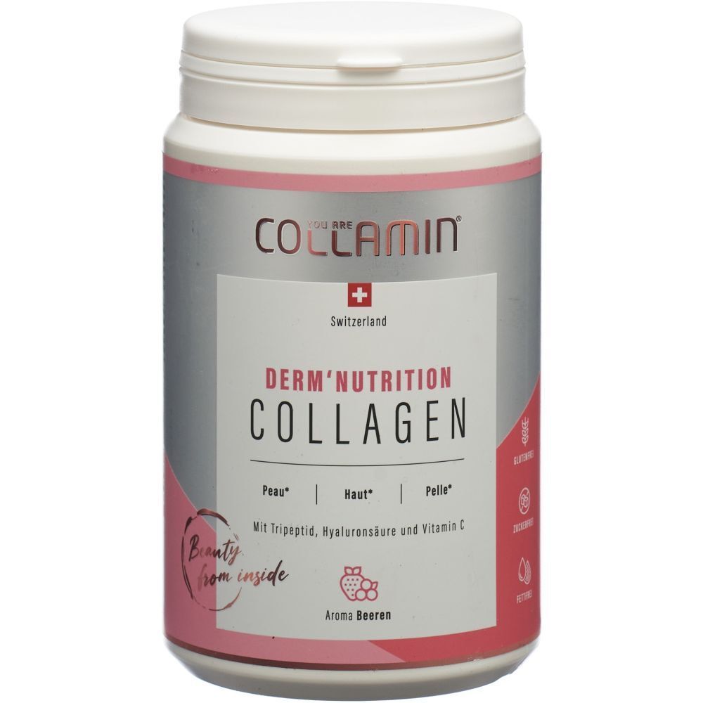 Weißes COLLAMIN-Behälter mit rosa Akzenten. Aufschrift: Derm'Nutrition Collagen, Aroma Beeren. Schweizer Kreuz.