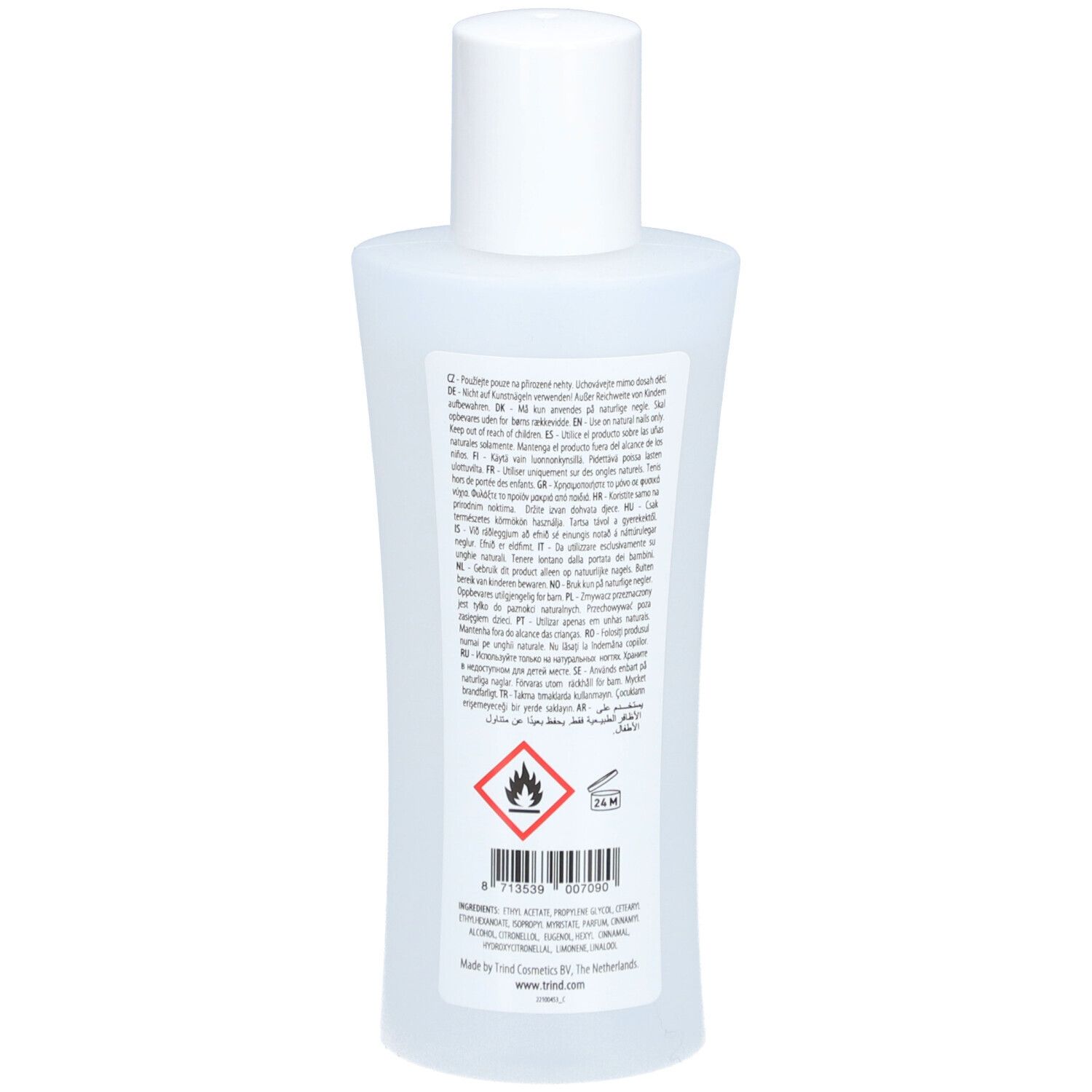 Rückseite der Flasche. Text in mehreren Sprachen. Warnhinweis: leicht entzündlich. 24M Symbol.