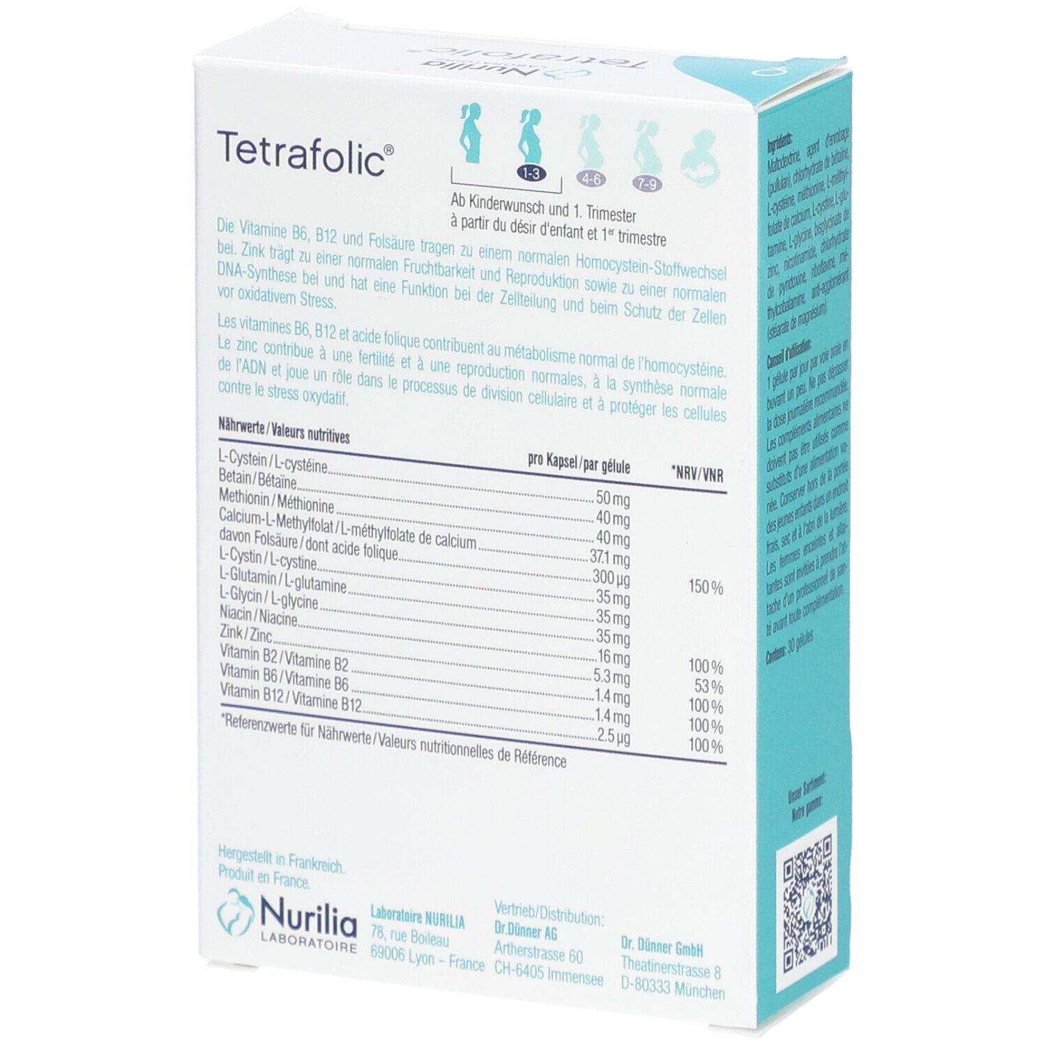 Dos de la boîte de Tetrafolic. Contient des informations nutritionnelles et des informations sur les vitamines et minéraux. Code QR et coordonnées du fabricant.
