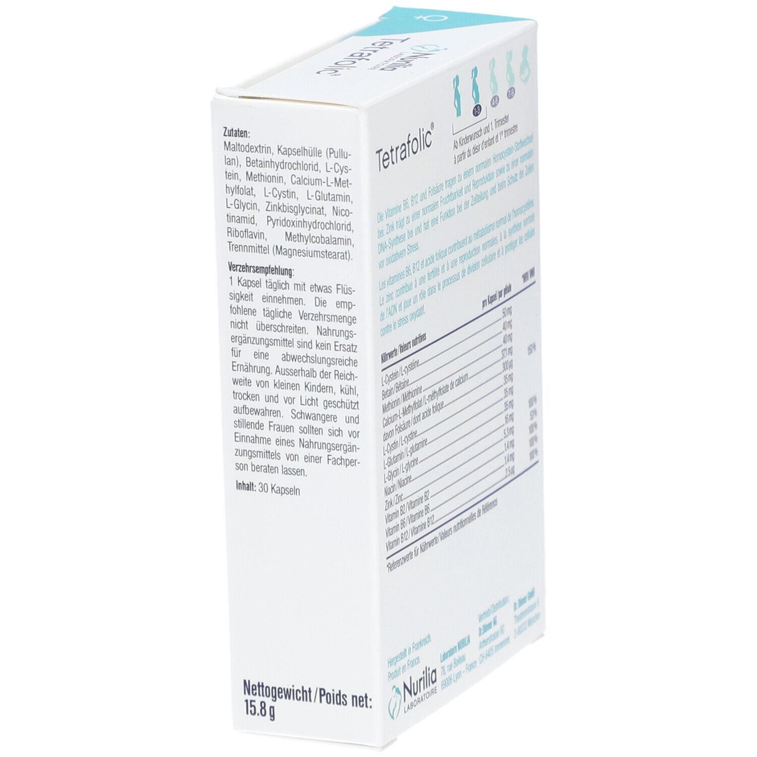 Boîte de Tetrafolic avec liste des ingrédients et informations nutritionnelles. Poids net : 15,8 g. Informations du fabricant et code QR.