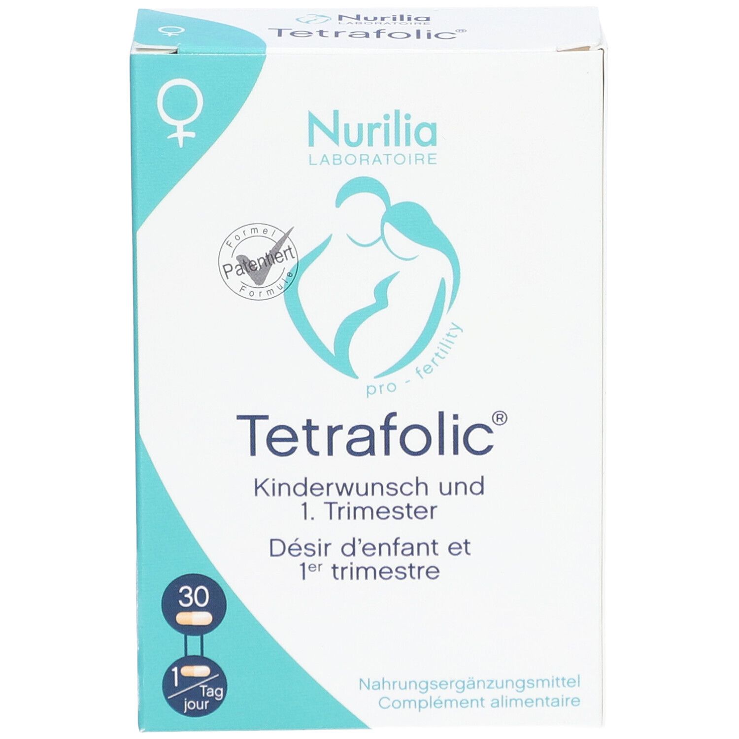 Boîte de Tetrafolic avec logo et inscription: Désir d'enfant et 1er trimestre. Contient 30 gélules. Complément alimentaire.