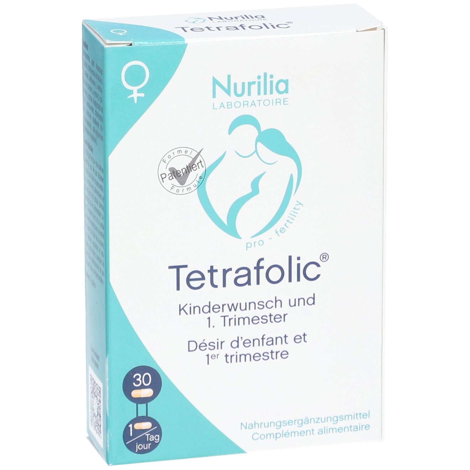 Boîte de Tetrafolic avec logo et inscription: Désir d'enfant et 1er trimestre. Contient 30 gélules. Complément alimentaire.