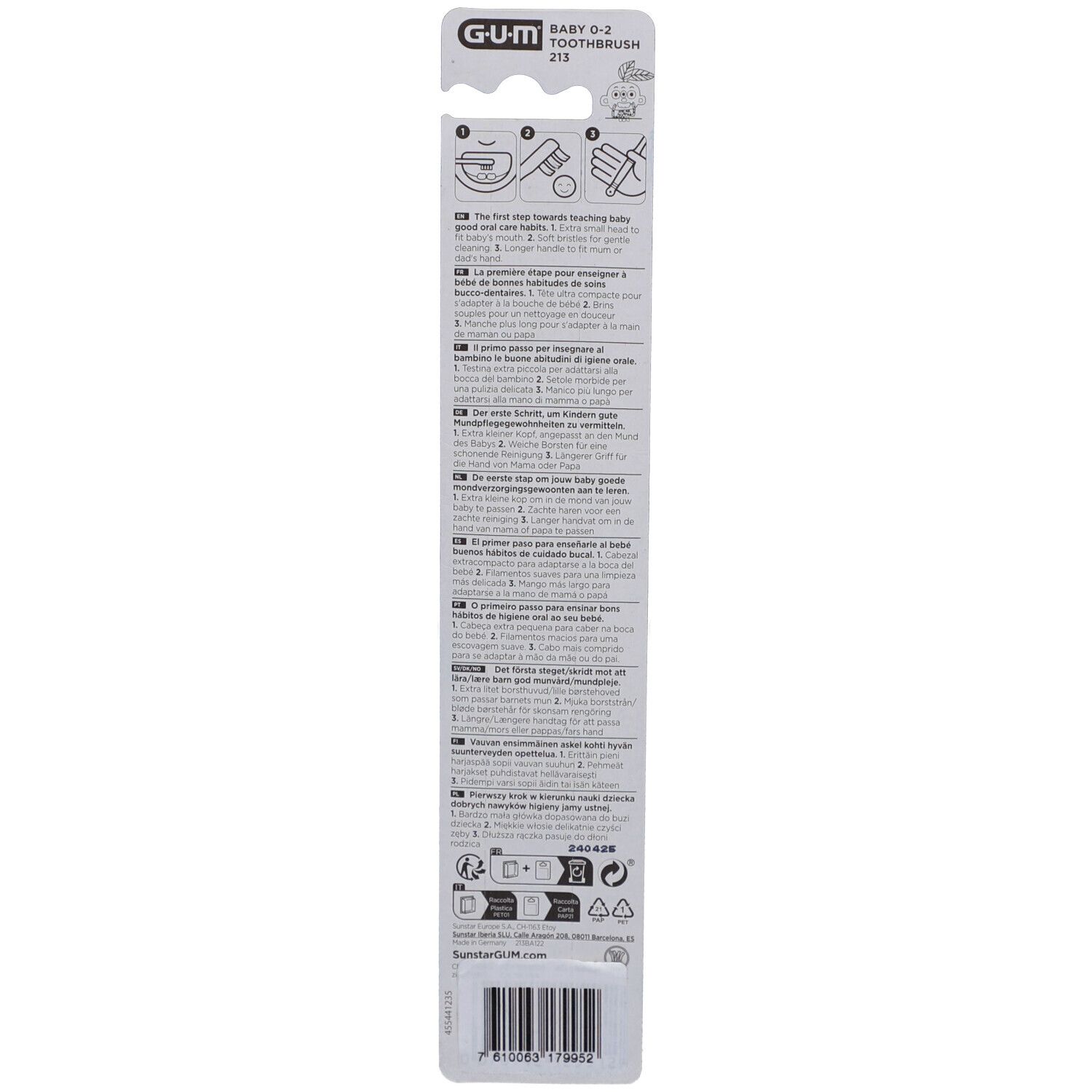 Rückseite der Baby-Zahnbürstenverpackung. Text in mehreren Sprachen. Illustrationen zur Anwendung.