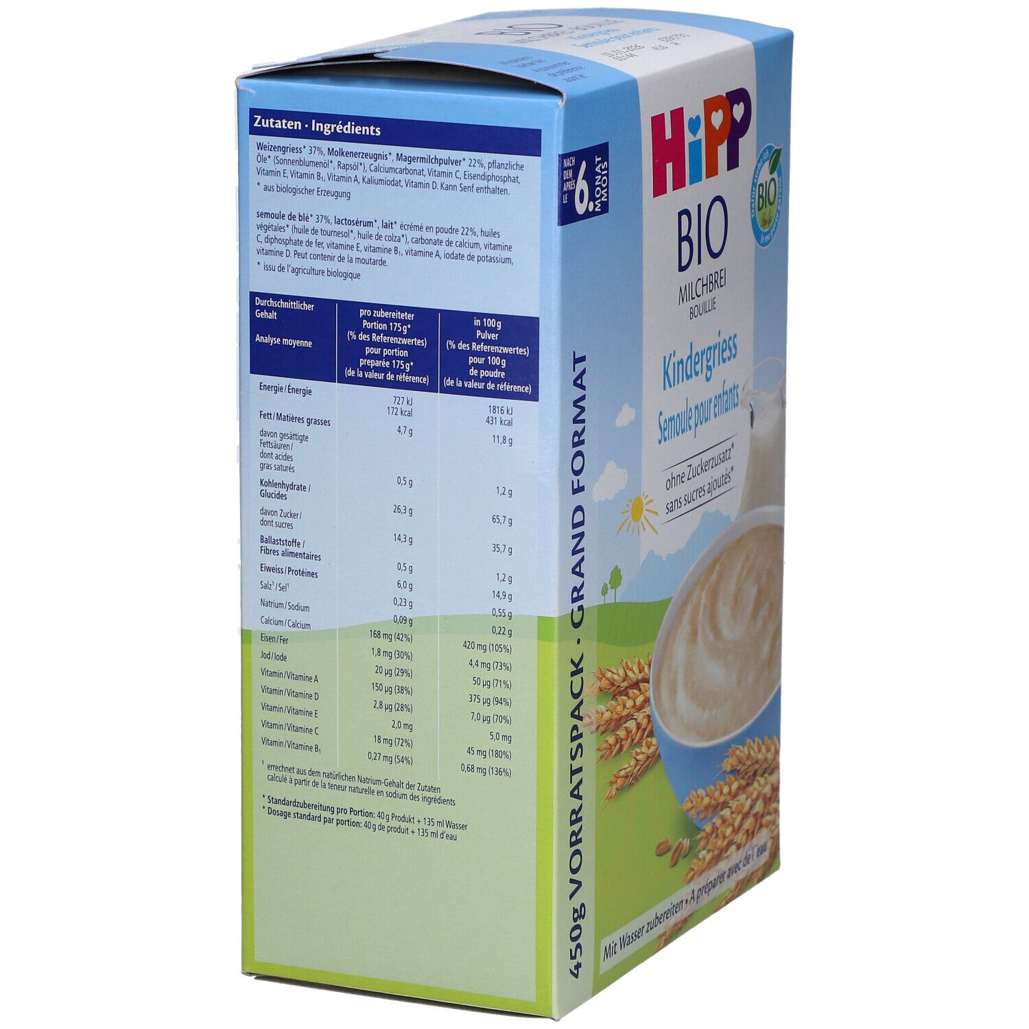Dos de la boîte en carton. Liste des ingrédients et informations nutritionnelles. HIPP BIO Bouillie, Semoule pour enfants. Label bio. 450g.