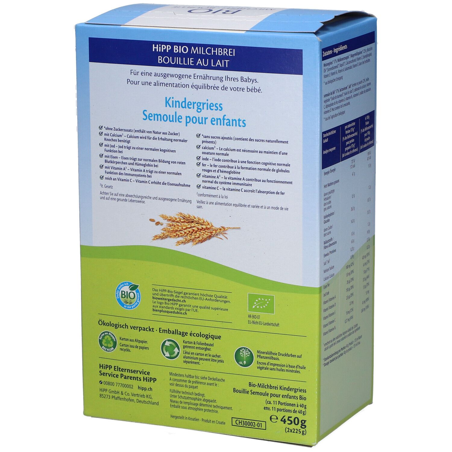 Dos de la boîte en carton. Texte: HIPP BIO Bouillie, Semoule pour enfants, sans sucres ajoutés. Label bio. Emballage écologique. 450g.