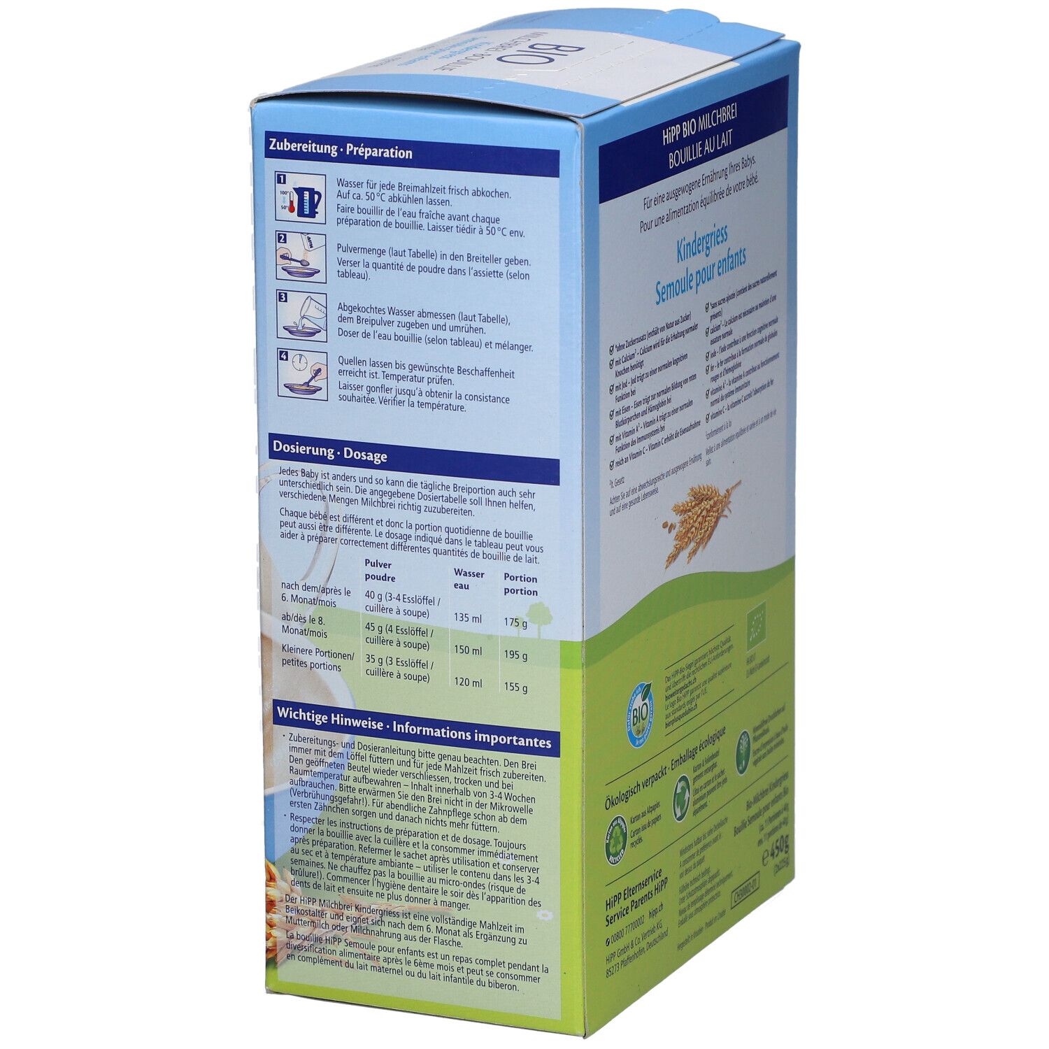Côté de la boîte en carton. Instructions de préparation et dosage. HIPP BIO Bouillie, Semoule pour enfants. Illustrations de préparation.